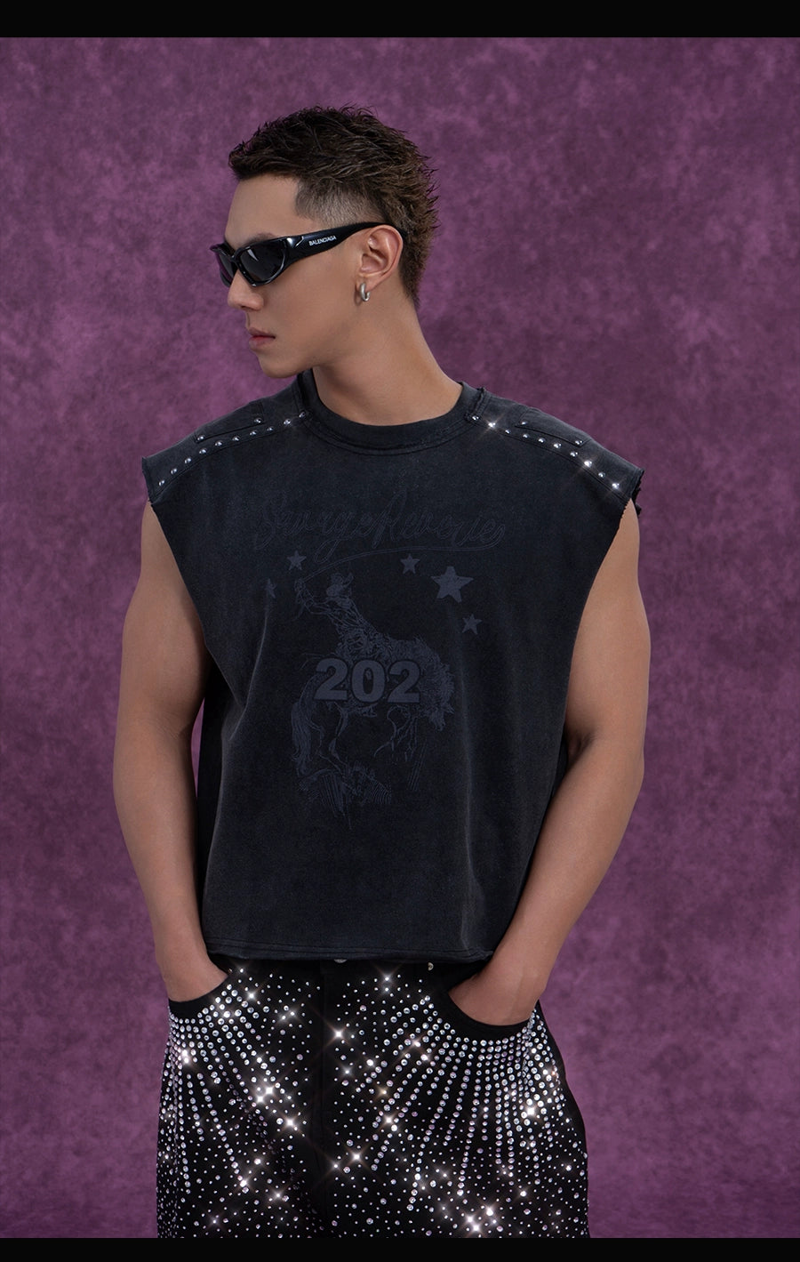 CLP Men's Grey Distressed Sleeveless Vest with Studs and Print - Streetwear Style-Gray-S-Free Shipping Leatheretro