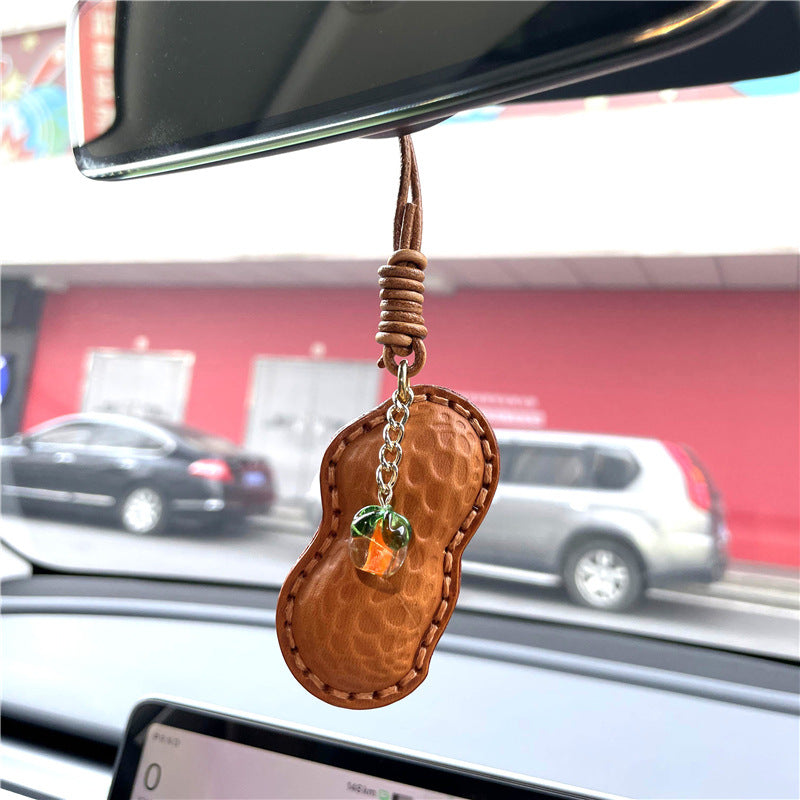 Handmade Genuine Leather Peanut Design Car Rearview Mirror Keychain-Chains-Brown-Free Shipping Leatheretro