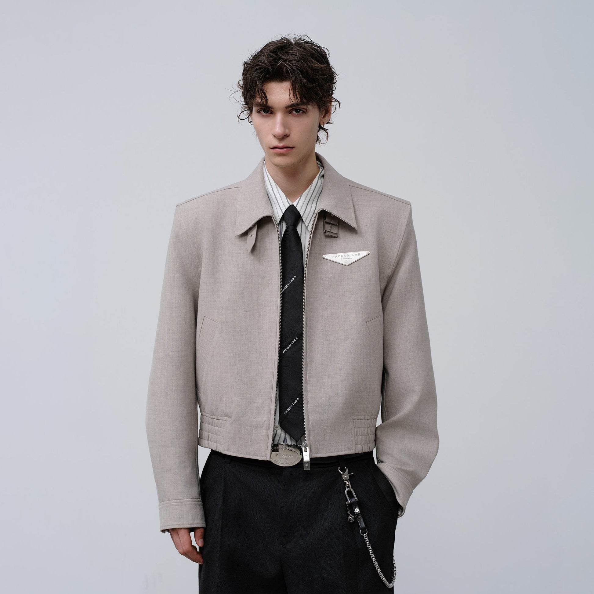 FACEONLAB Cropped Harrington Zip Jacket Gray-Jacket-M (Preorder)-Free Shipping Leatheretro