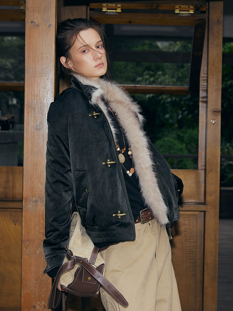 KREATE Harrington-Style PU Leather Jacket with Long Fur Collar-Ivory-S-Free Shipping Leatheretro