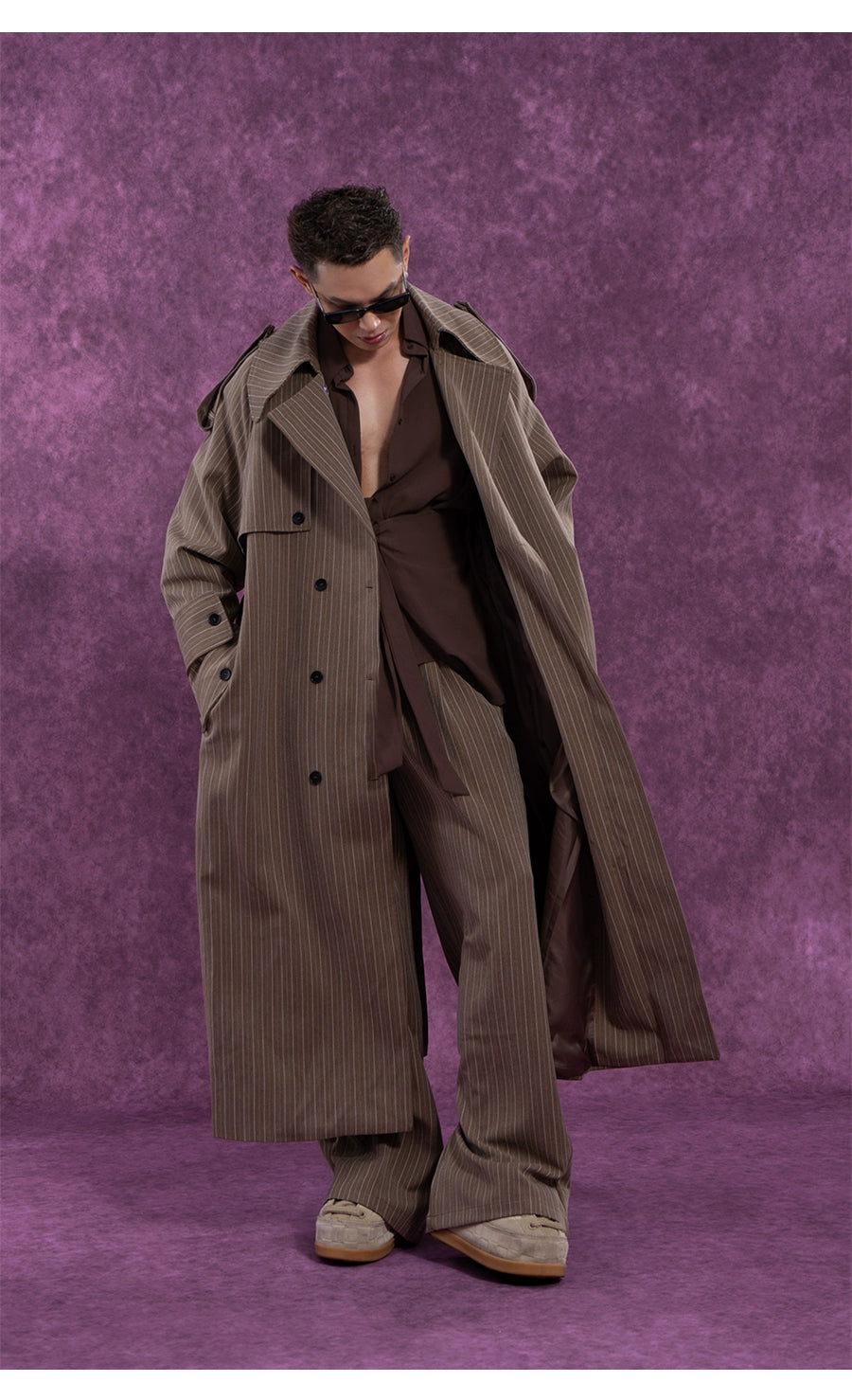 CLP Unisex Long Striped Duster Coat - Oversized Belted Trench-Coffee-S-Free Shipping Leatheretro