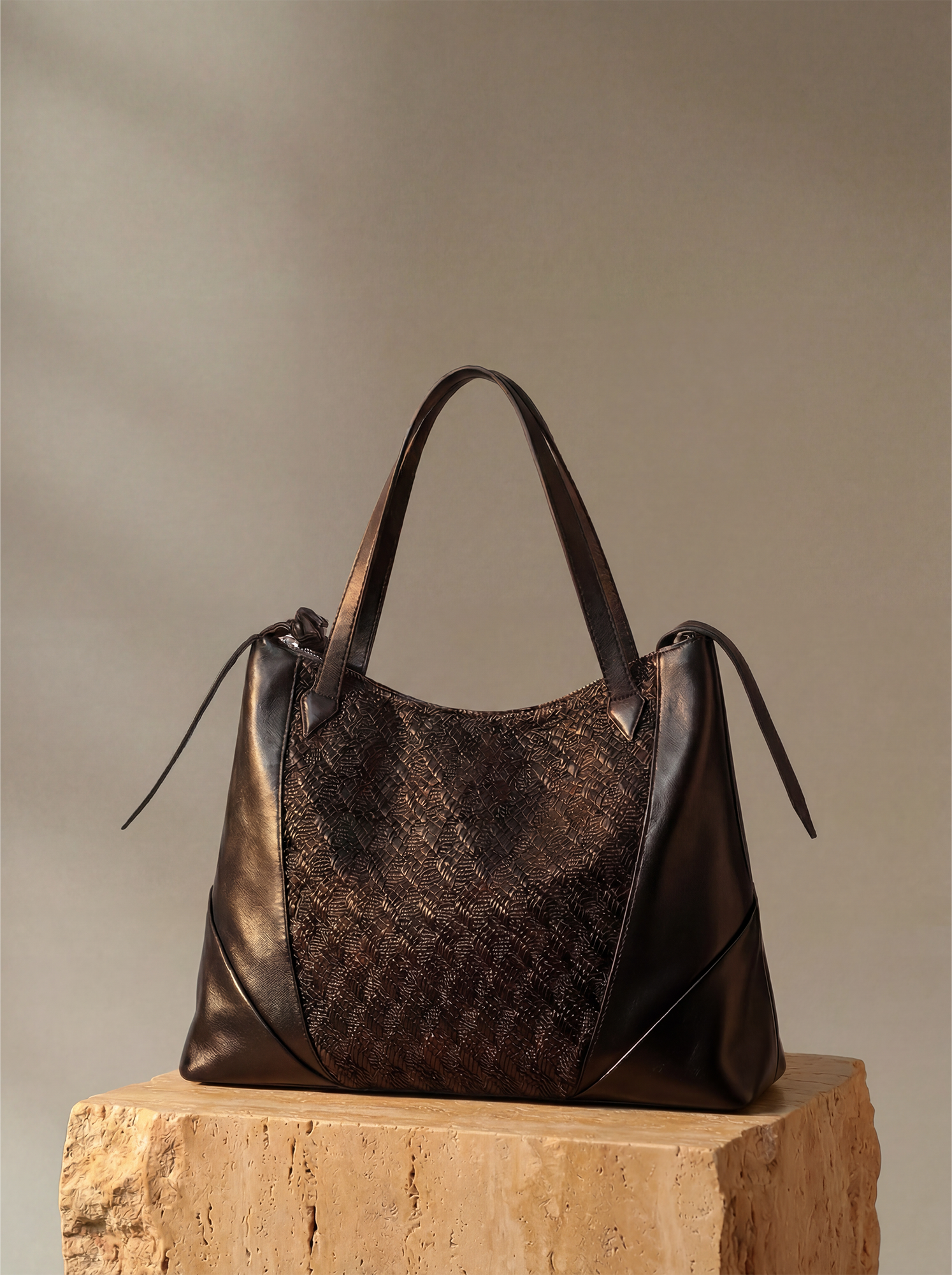 ALVNG AR ANTS Asymmetrical Ruched Woven Faux Leather Bag-Bag-Black-Free Shipping Leatheretro