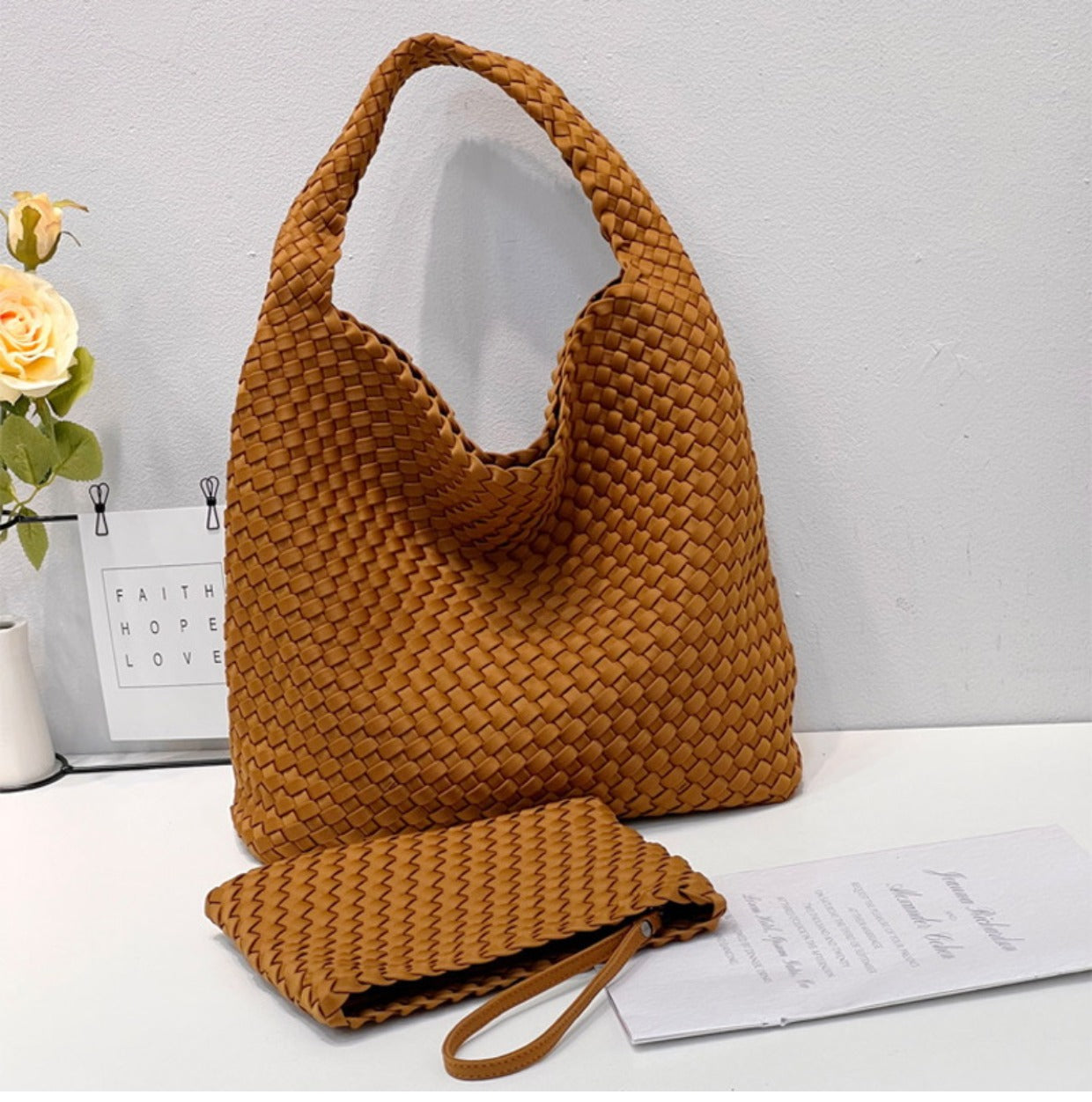 Handwoven Nylon Tote Bag for Women-Black + woven change purse-Free Shipping Leatheretro