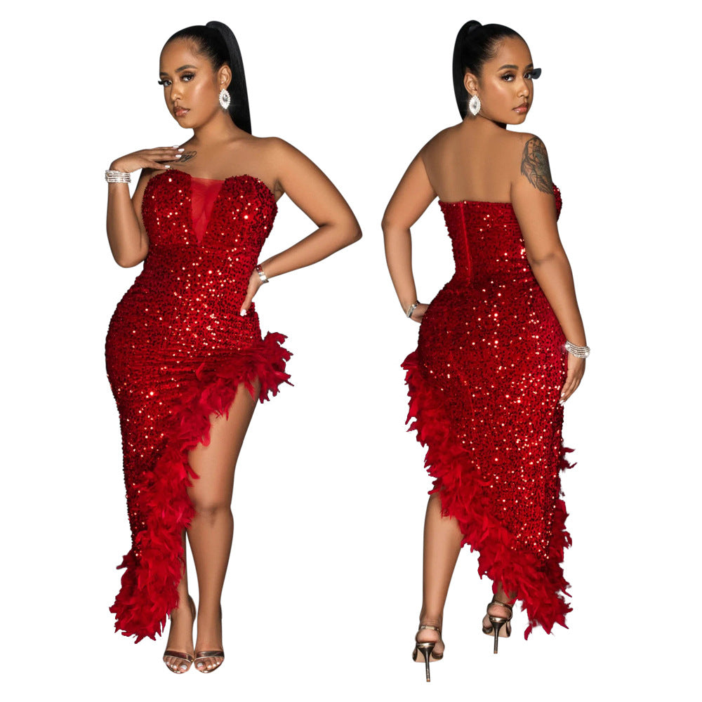 Sexy Strapless Sequined Evening Party Dresses-Dresses-Red-S-Free Shipping Leatheretro