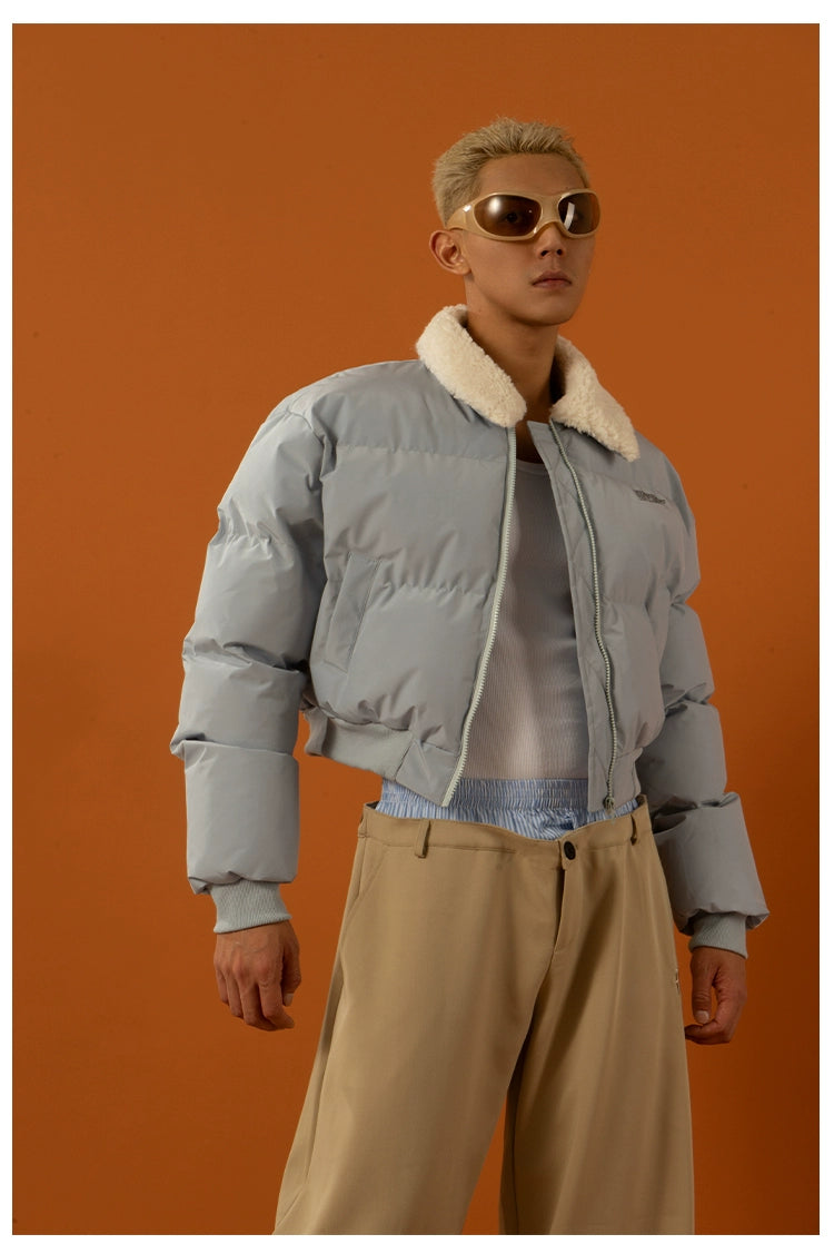 CLP Unisex Short Puffy Jacket with Sherpa Collar-Blue-S-Free Shipping Leatheretro