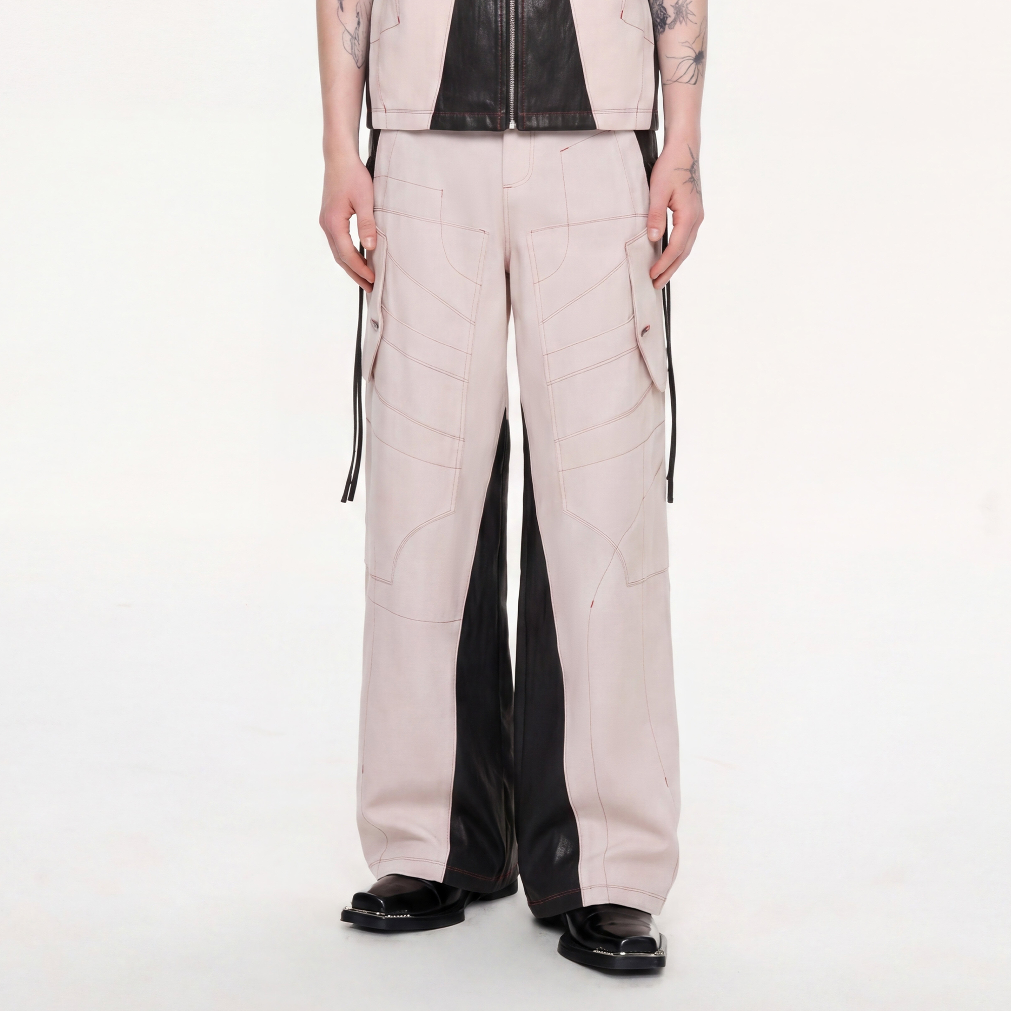 TIWILLTANG Contrast Stitch Paneled Wide-Leg Pants-Pants-S / 28-31”-Pink-Free Shipping Leatheretro