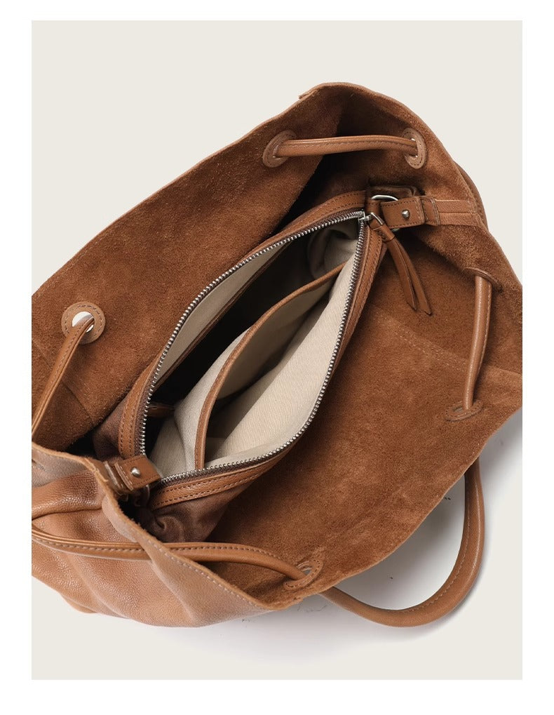 Soft Leather Bucket Tote Bag for Women-Coffee-Free Shipping Leatheretro