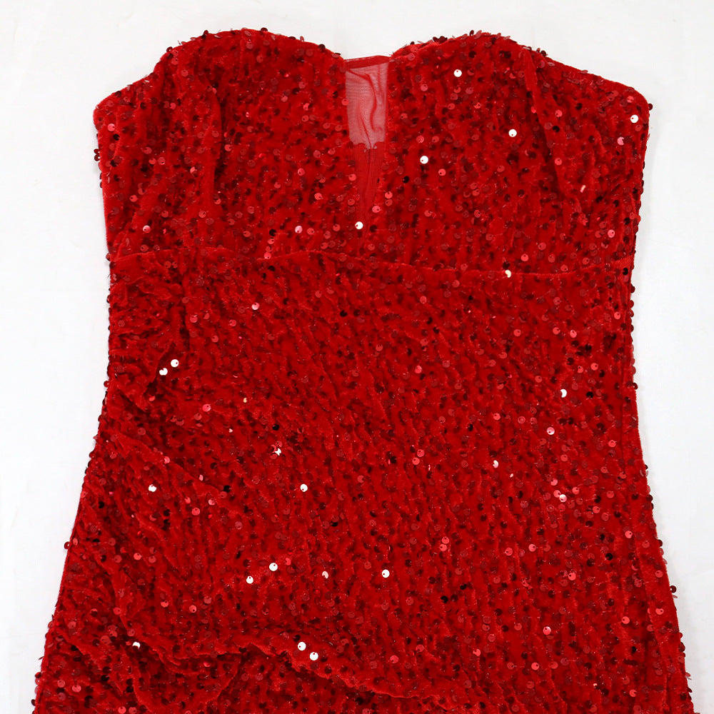 Sexy Strapless Sequined Evening Party Dresses-Dresses-Red-S-Free Shipping Leatheretro