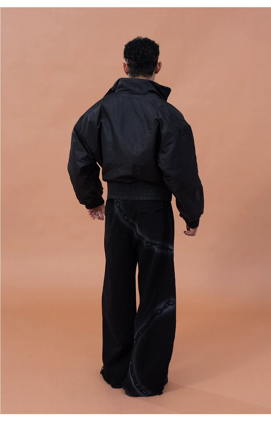 CLP Men's Black Chain Print Cargo Wide Leg Jeans-Black-S-Free Shipping Leatheretro