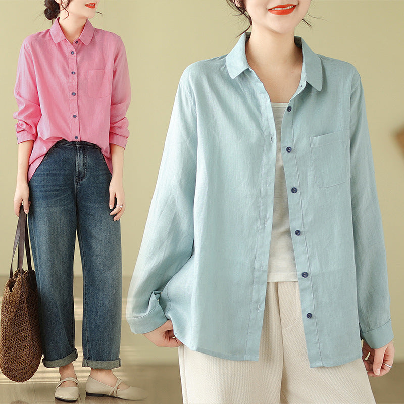 Casual Turnover Collar Linen Long Sleeves Shirts-Shirts & Tops-Pink-M-Free Shipping Leatheretro