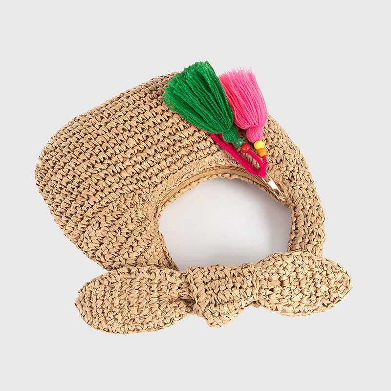 Summer Crescent Moon Handbag – Bow Detail Straw Woven Bag-Apricot - Green Tassel-25x5x15CM-Free Shipping Leatheretro