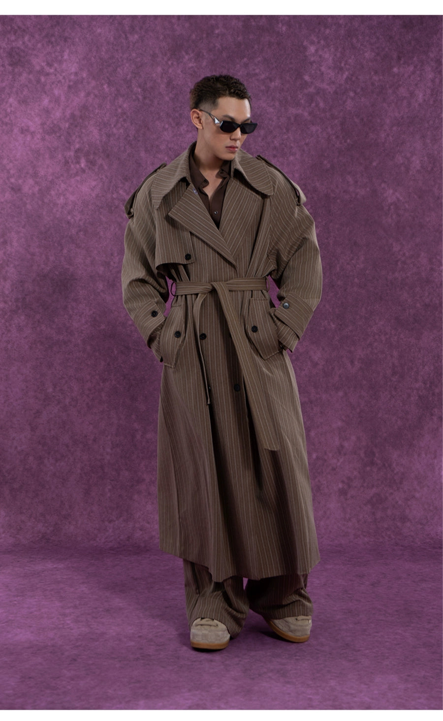 CLP Unisex Long Striped Duster Coat - Oversized Belted Trench-Coffee-S-Free Shipping Leatheretro