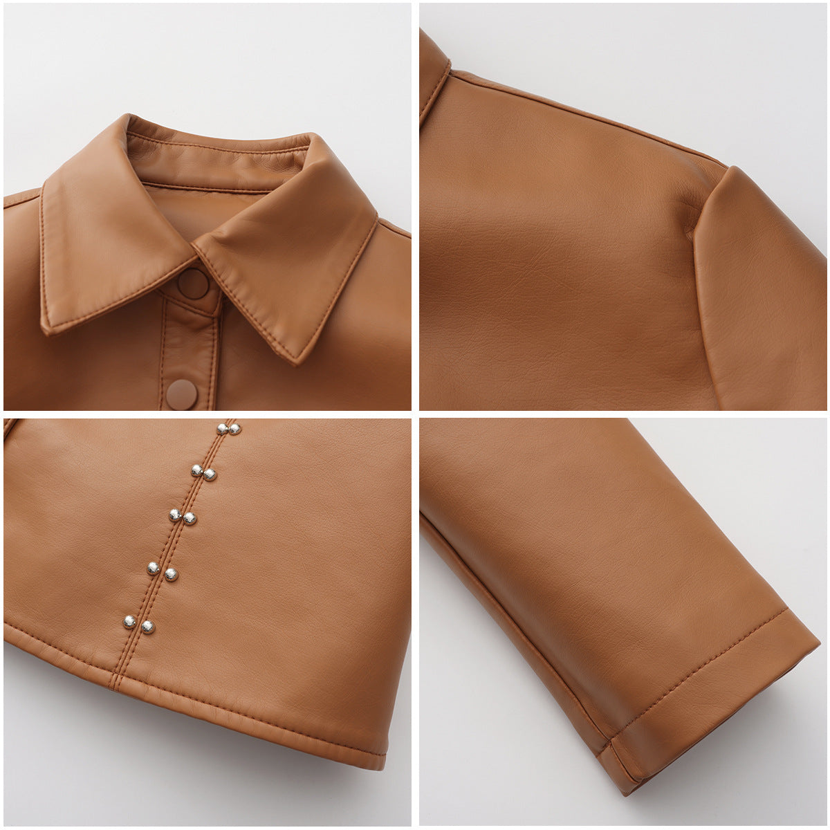 Stylish Rivet Button Leather Jacket-black-S-Free Shipping Leatheretro