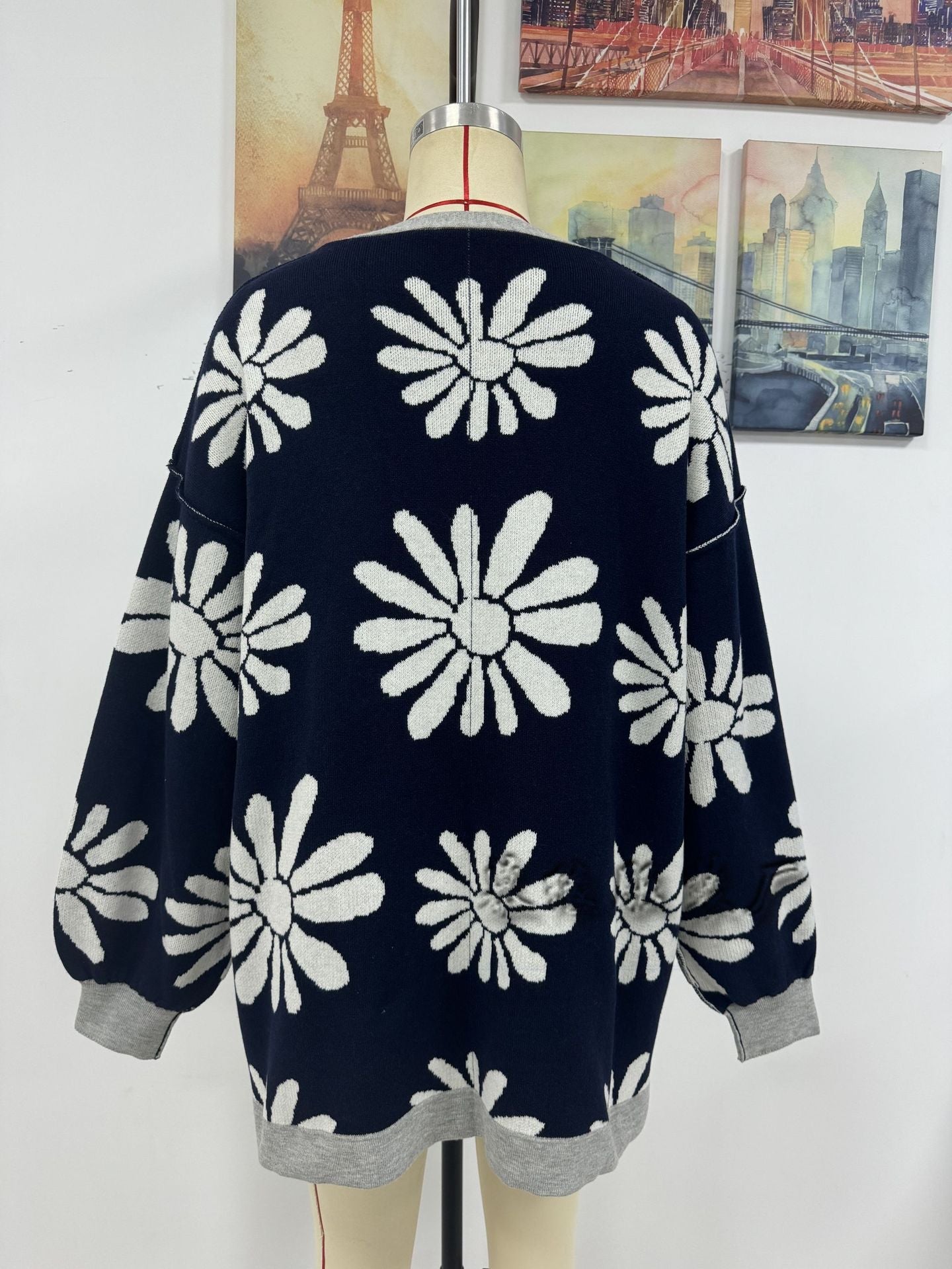 Casual Floral Print Knitted Cardigan Coats-Sweaters-Navy Blue-S-Free Shipping Leatheretro