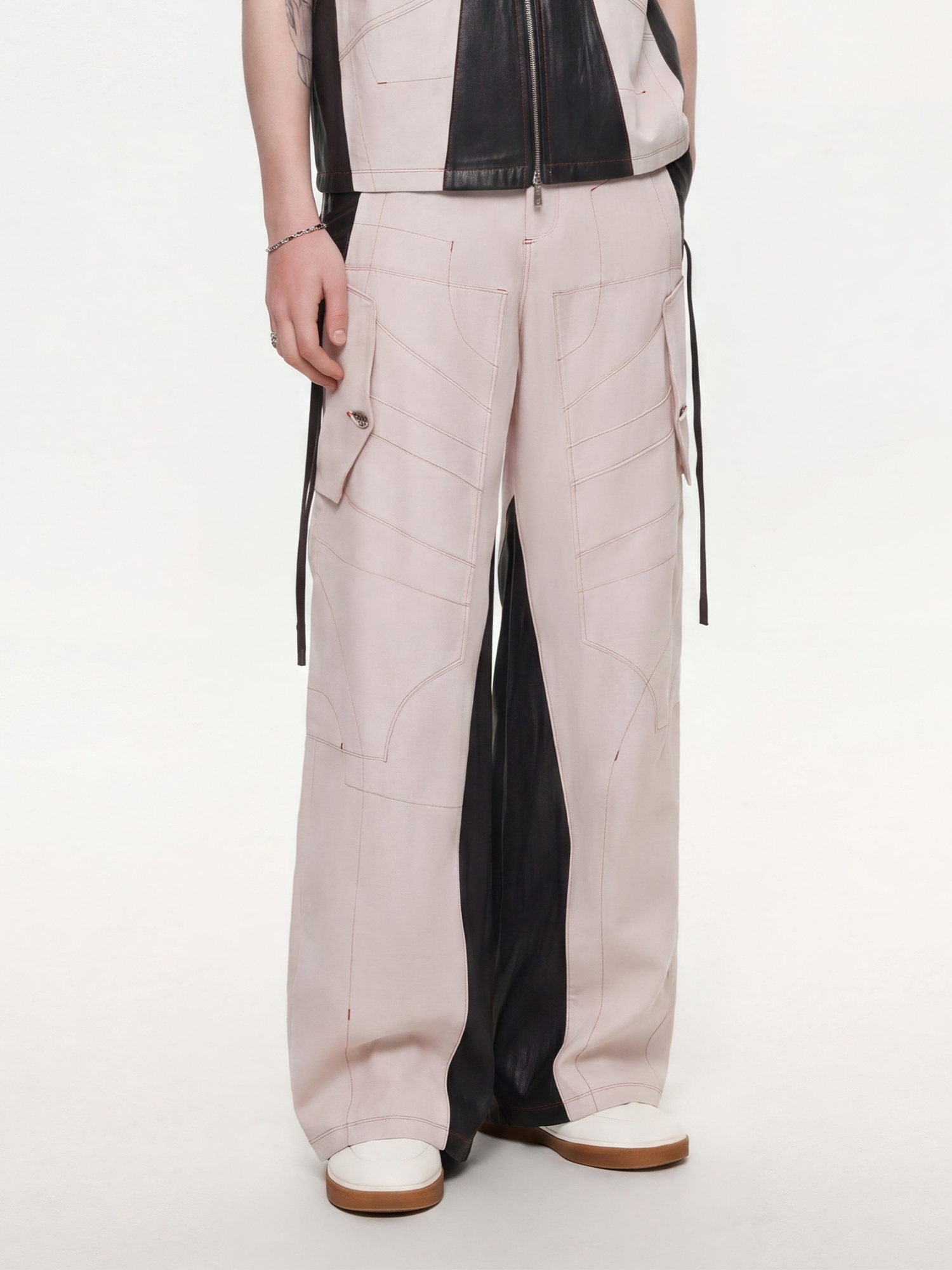 TIWILLTANG Contrast Stitch Paneled Wide-Leg Pants-Pants-S / 28-31”-Blue-Free Shipping Leatheretro