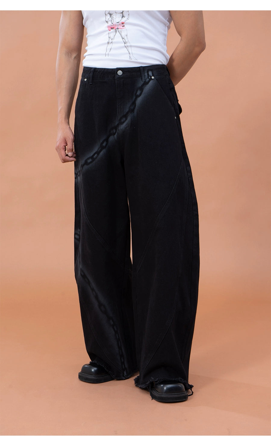 CLP Men's Black Chain Print Cargo Wide Leg Jeans-Black-S-Free Shipping Leatheretro