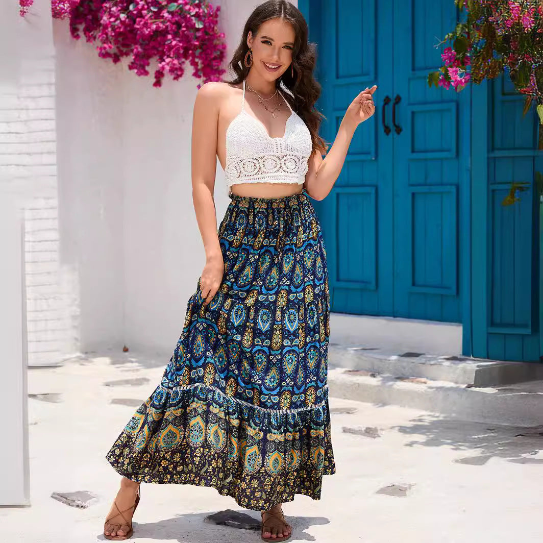 Bohemian Exotic Women Midi Skirts-Skirts-Peacock Blue-S-Free Shipping Leatheretro