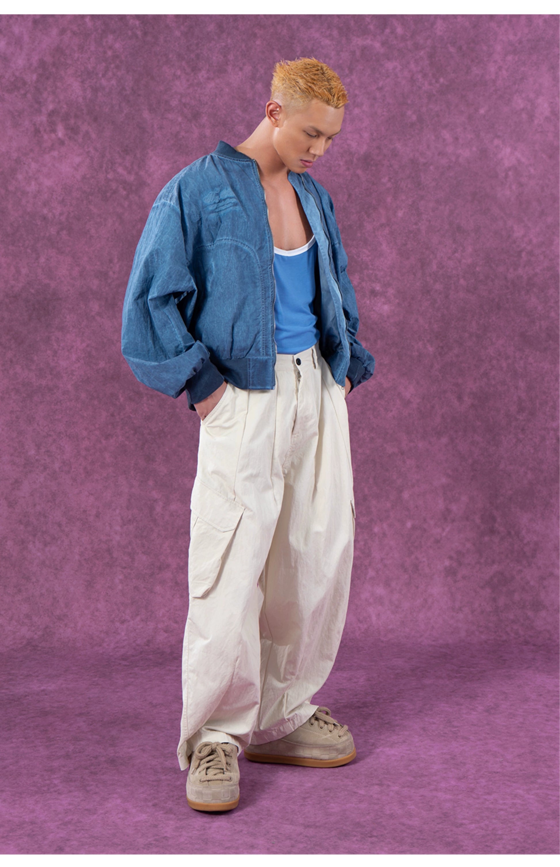 CLP Vintage Distressed Baseball Jacket for Men-Blue-M-Free Shipping Leatheretro