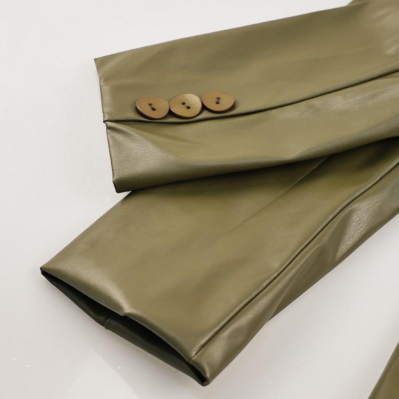 Fashionable Green V-Neck Slim-Fit Faux Leather Blazer-green-S-Free Shipping Leatheretro