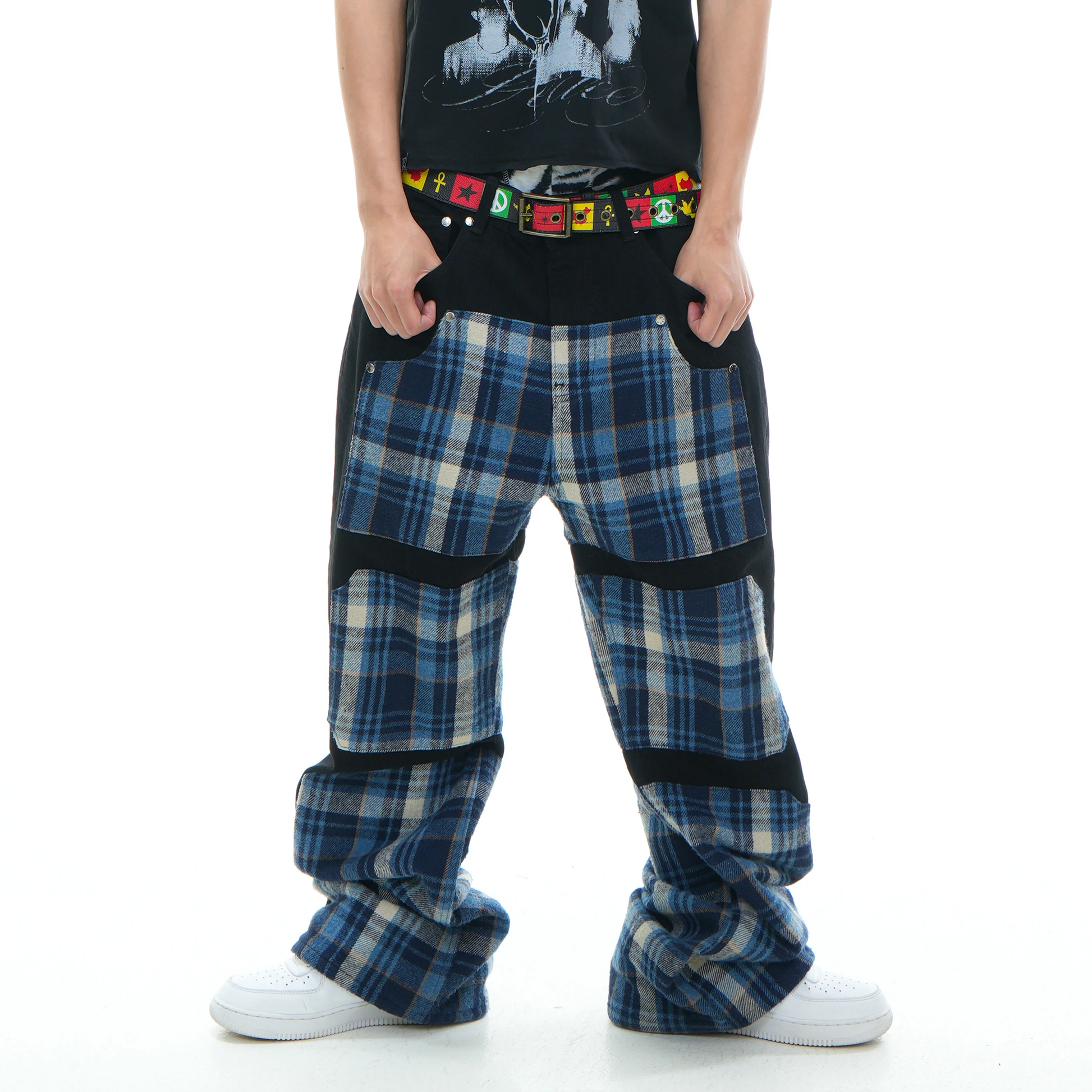 VINKID Plaid Paneled Wide-Leg Jeans-Jeans-S / 31"-Free Shipping Leatheretro