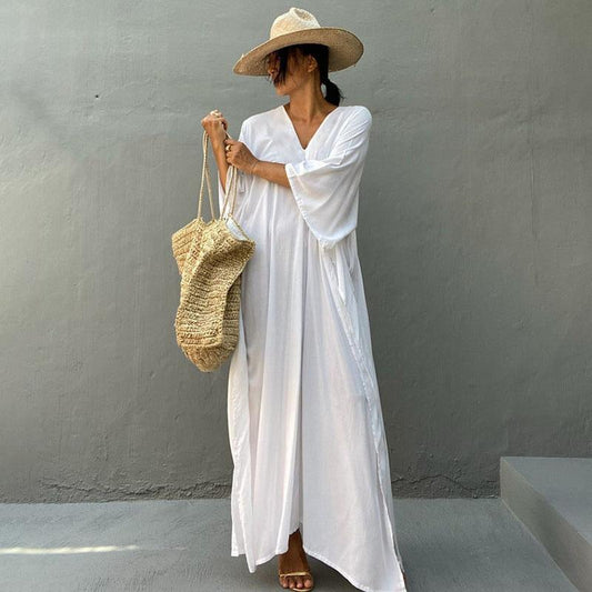 Casual Summer Holiday Long Romper Cover Up Dresses-White-One Size-Free Shipping Leatheretro