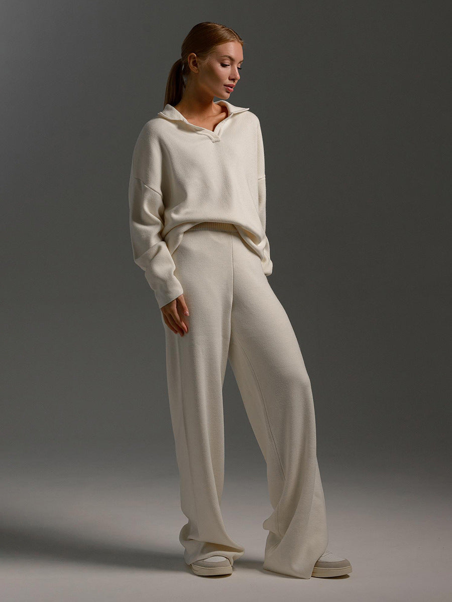 Fashion Winter Polo Neck Knitted Tops & Wide Legs Pants-suits-Ivory-S-Free Shipping Leatheretro