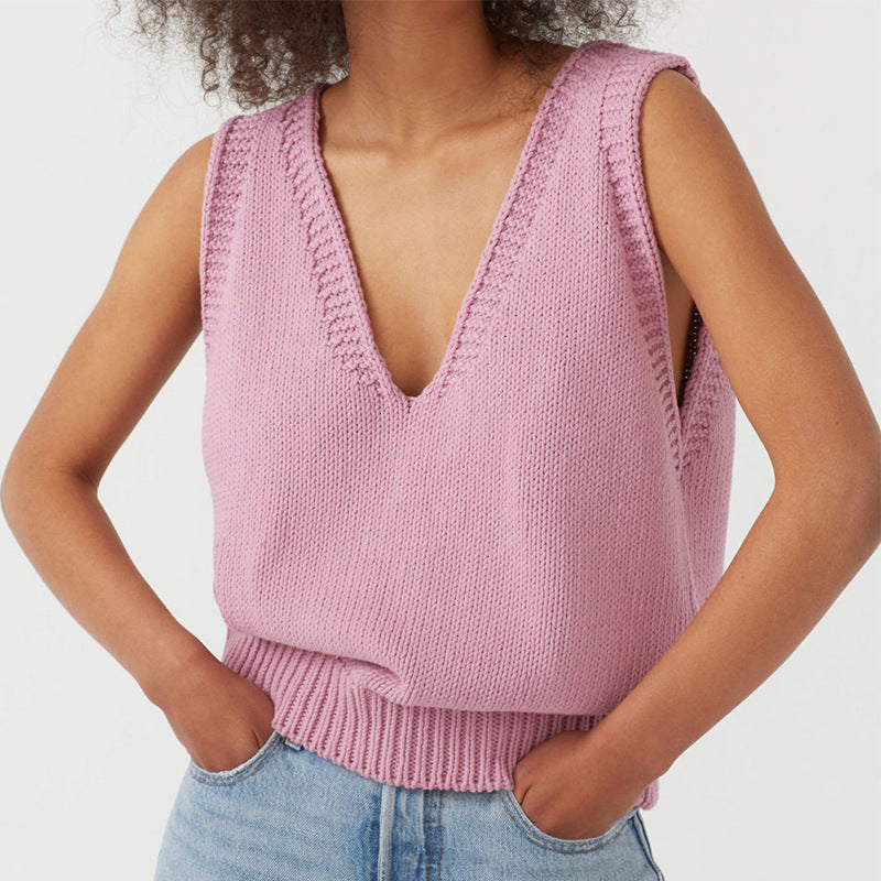 Sexy V Neck Sleeveless Knitted Vest-Vests-Pink-S-Free Shipping Leatheretro