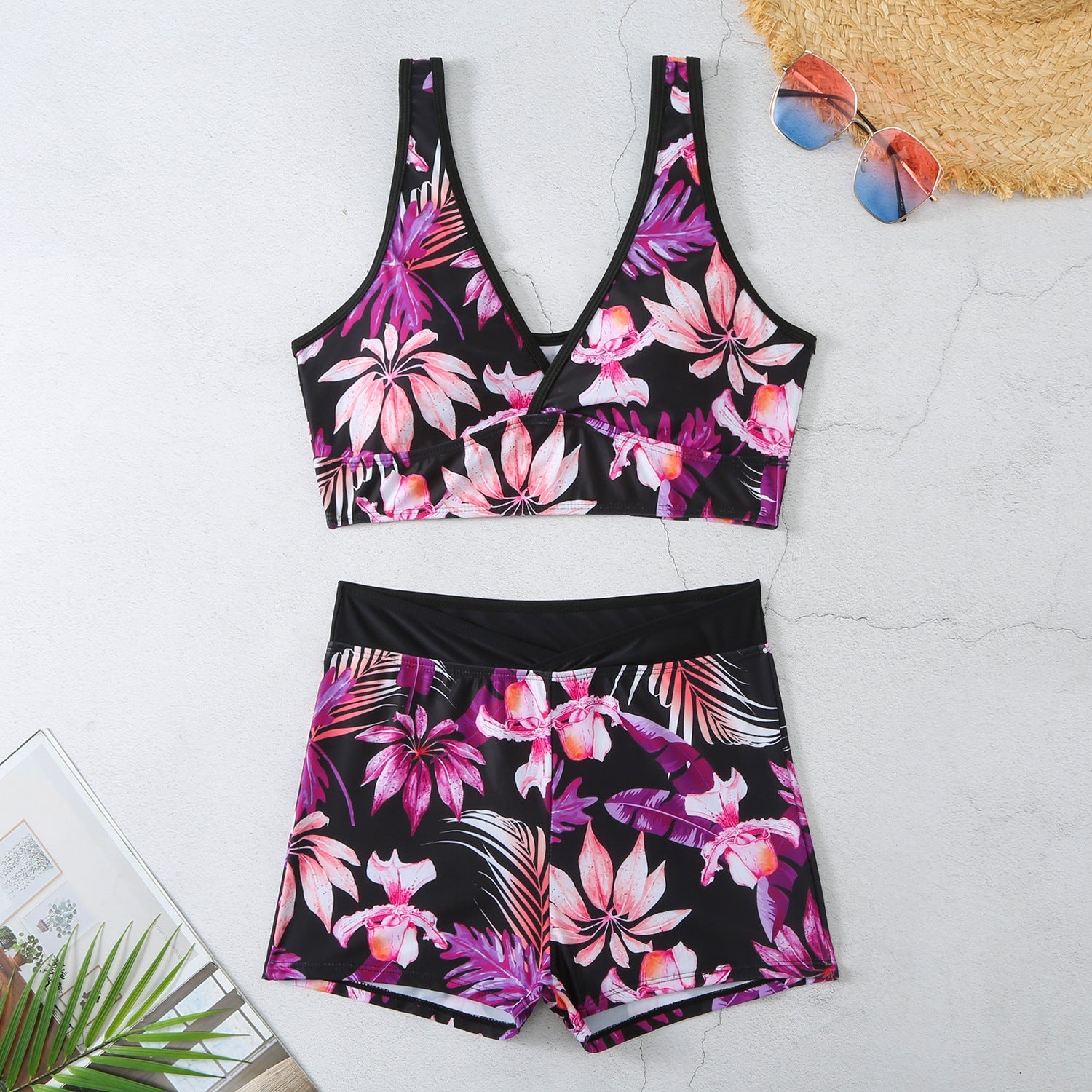 Sexy Floral Print Summer Boxer Swimsuits-Swimwear-Purple Floral-S-Free Shipping Leatheretro