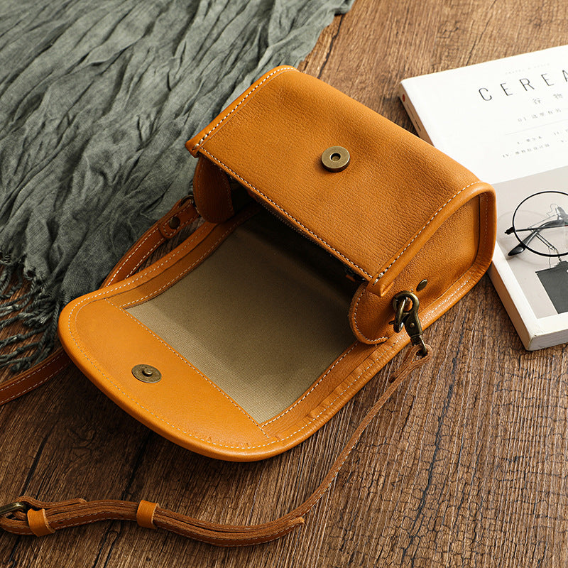 Vintage Full-Grain Leather Crossbody Bag-Sunset Yellow-Free Shipping Leatheretro
