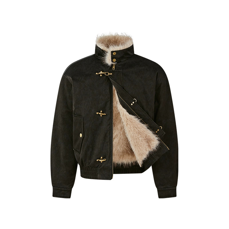 KREATE Harrington-Style PU Leather Jacket with Long Fur Collar-Ivory-S-Free Shipping Leatheretro