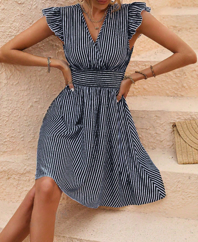 Casual Summer Striped Mini Sun Dresses-Dresses-Black-S-Free Shipping Leatheretro