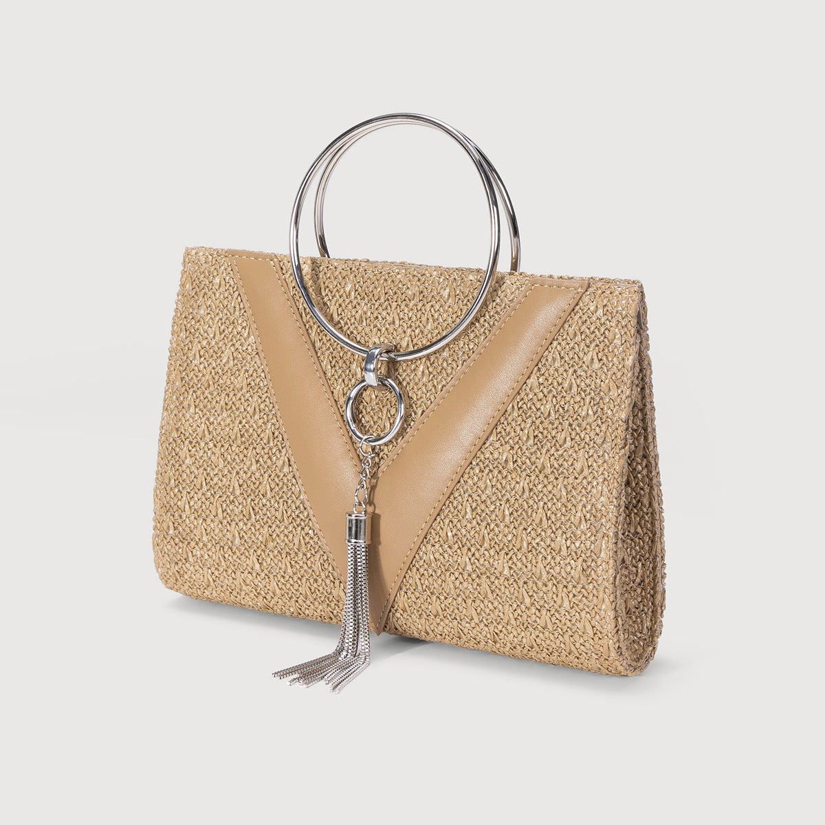 Women's Straw Woven Bag with Chain Strap-apricot-Free Shipping Leatheretro