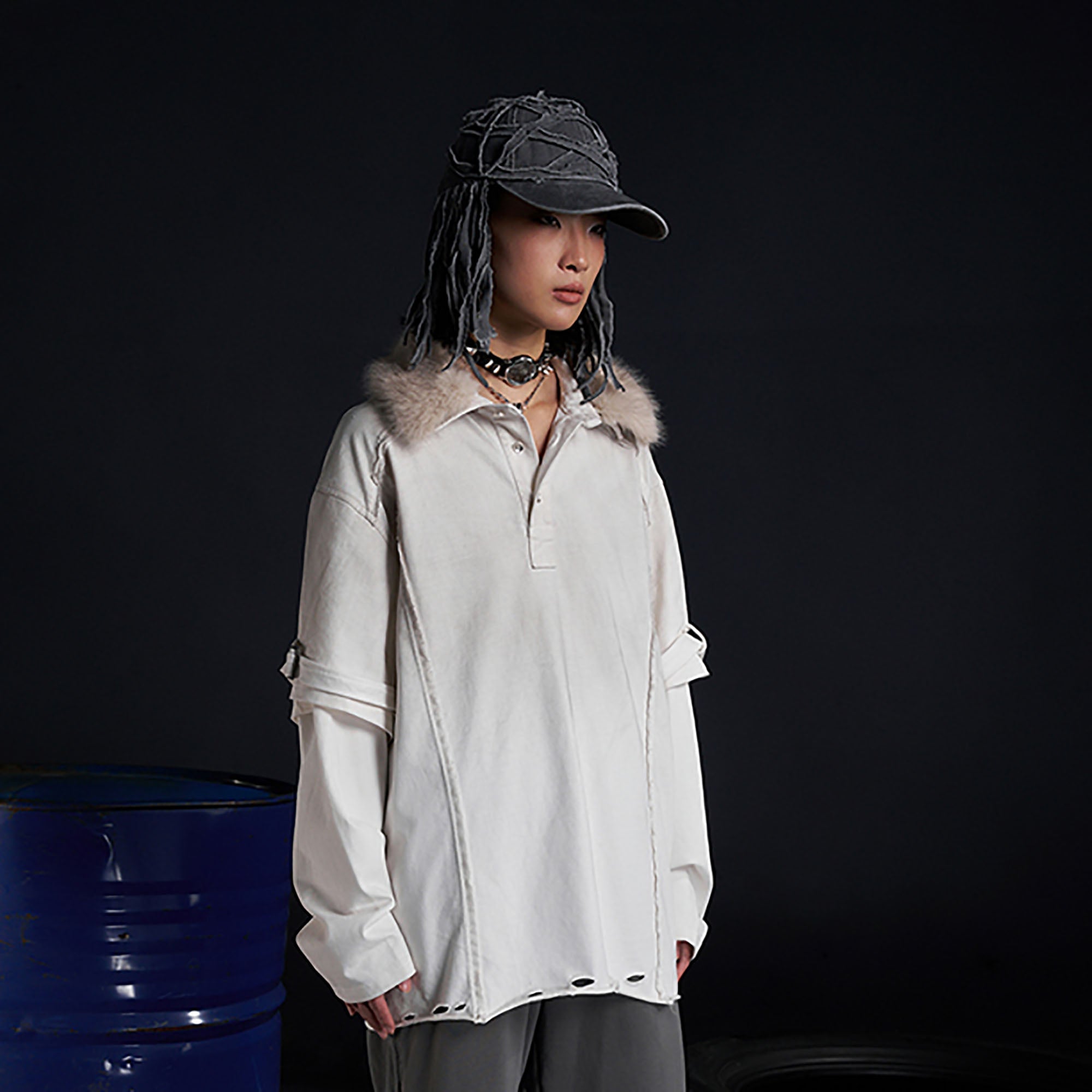 RECOVER ZONE Detachable Faux Fur Collar Long Sleeve Shirt-L/S Tee-M-Black-Free Shipping Leatheretro