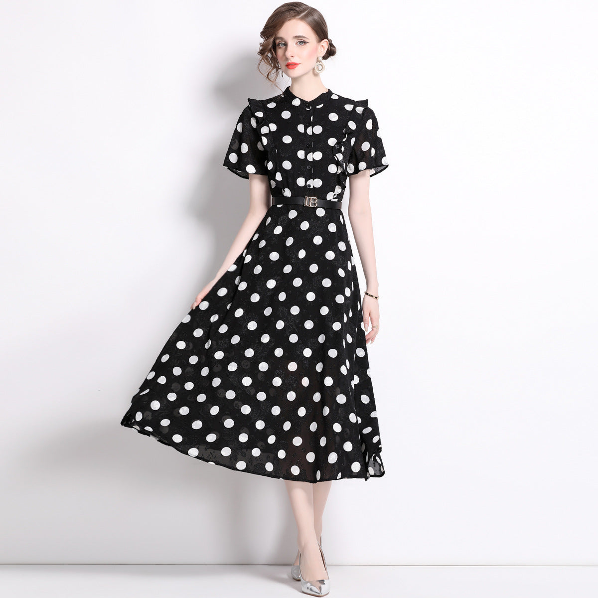 Elegant Polk Dot Short Sleeves Midi Length Dresses-Dresses-Black-2XL-Free Shipping Leatheretro