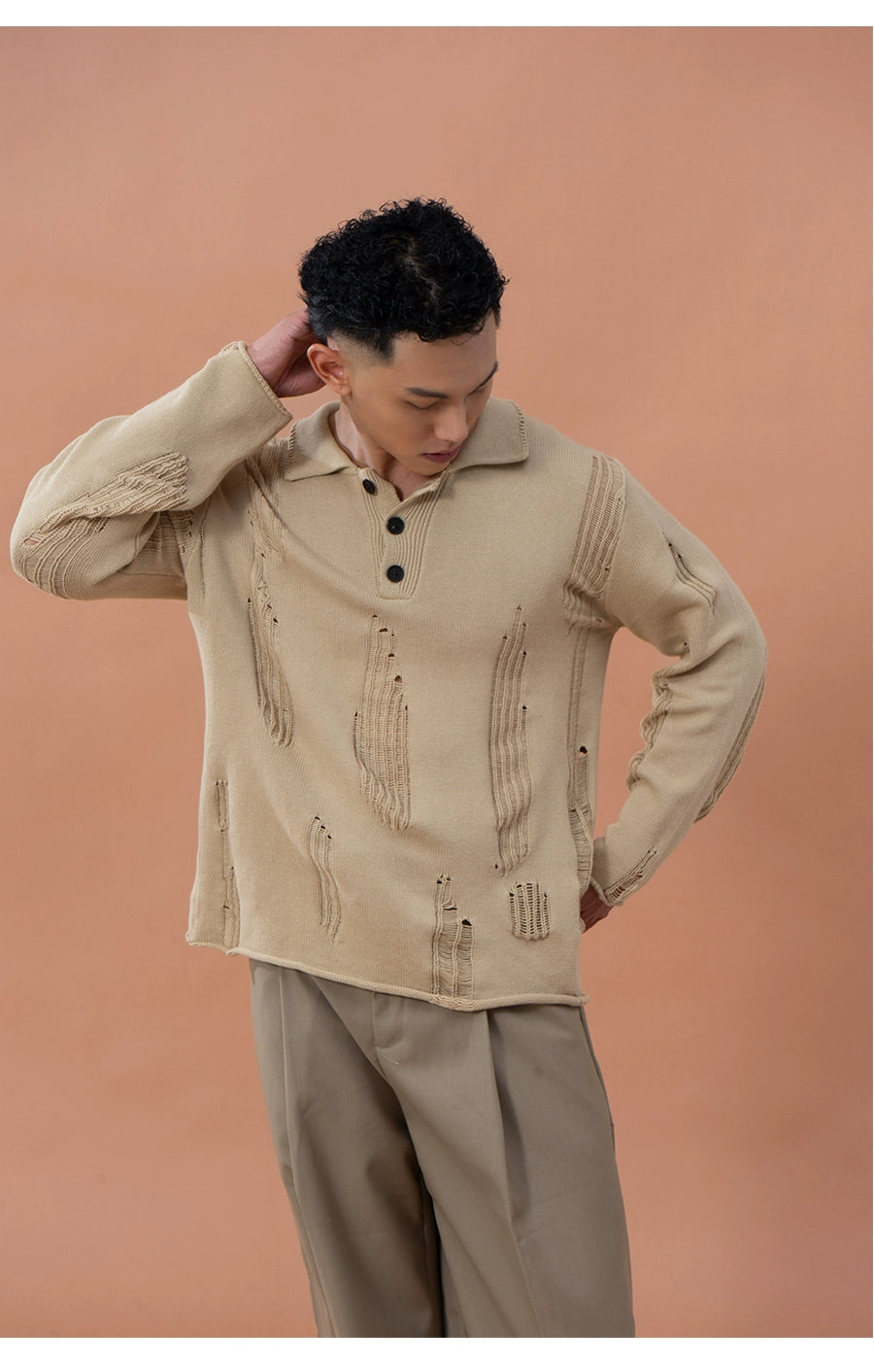 CLP Men's Distressed Knit Polo Shirt-Green-M-Free Shipping Leatheretro