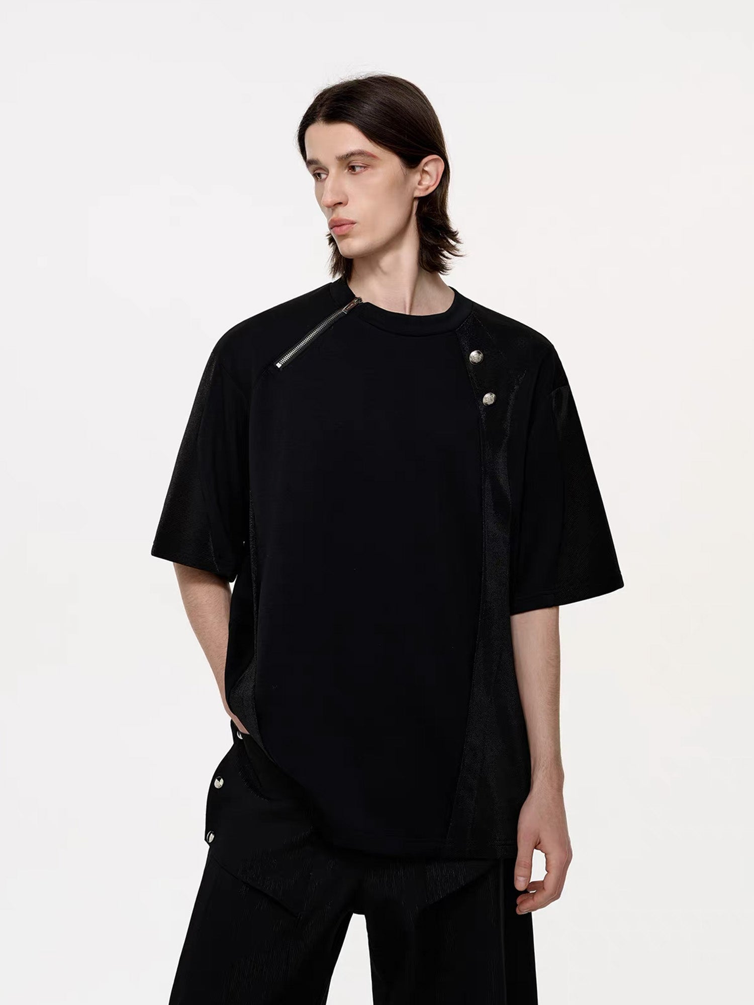 TIWILLTANG Asymmetrical Zip Layered T Shirt-T Shirt-S (Preorder)-Free Shipping Leatheretro