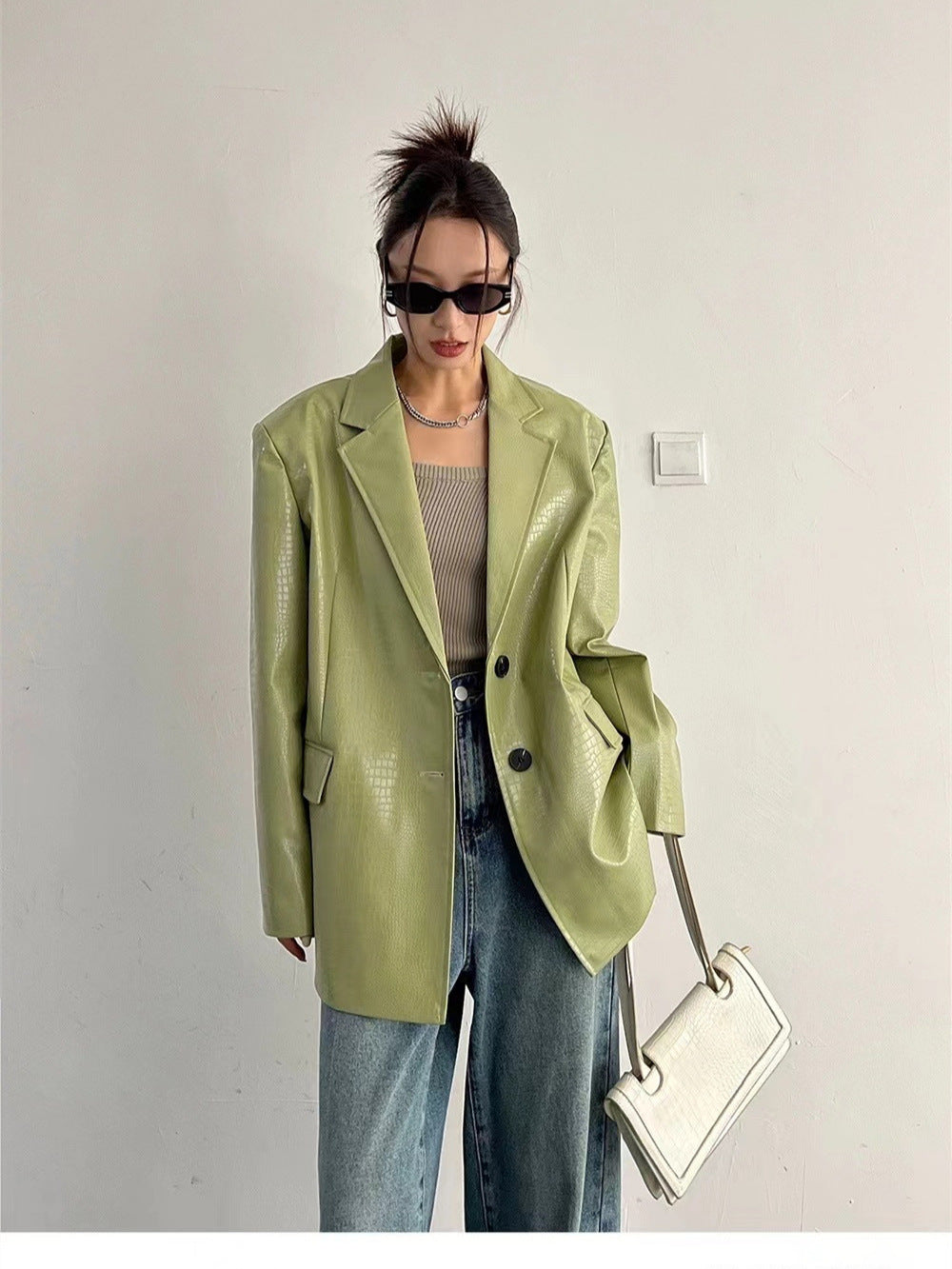 Women's Faux Leather Blazer – Oversized Casual Jacket-black-S-Free Shipping Leatheretro