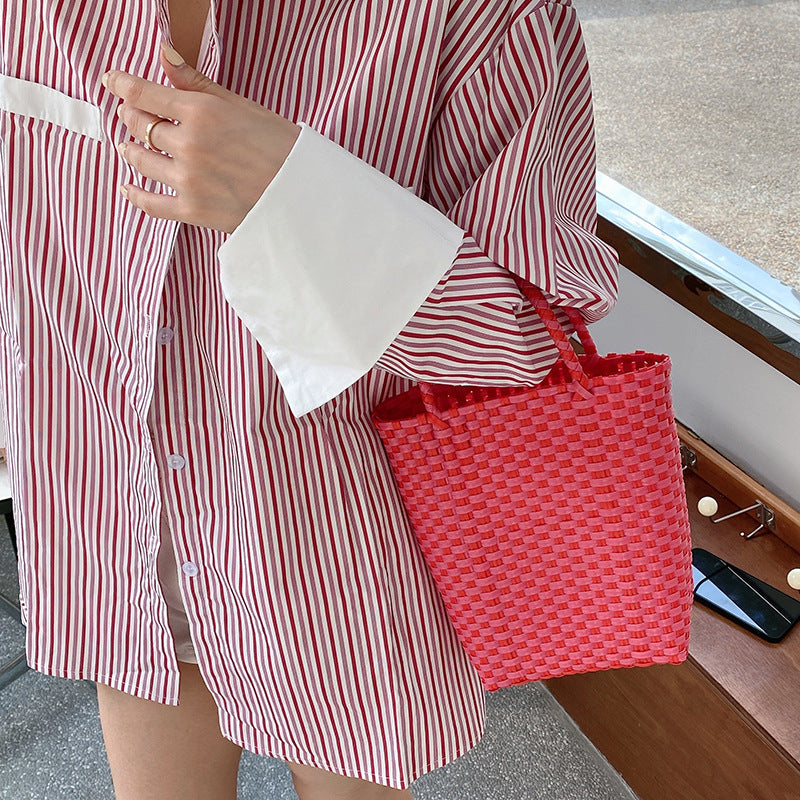 Summer PVC Handwoven Beach Bag – Colorful Boho Tote, Gift Basket & Casual Carryall-Beach Bags-Pink green-Free Shipping Leatheretro