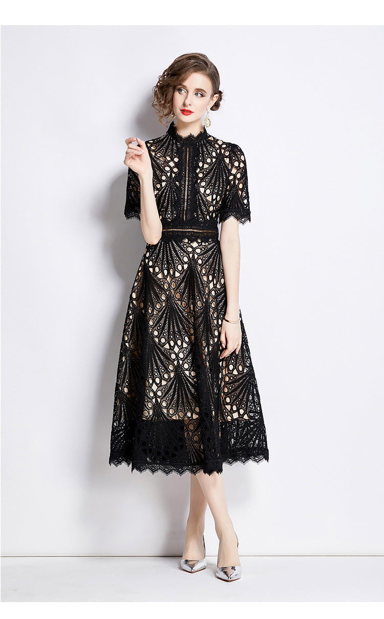 Elegant Round Neck Summer Midi Length Lace Dresses-Dresses-Black-2XL-Free Shipping Leatheretro