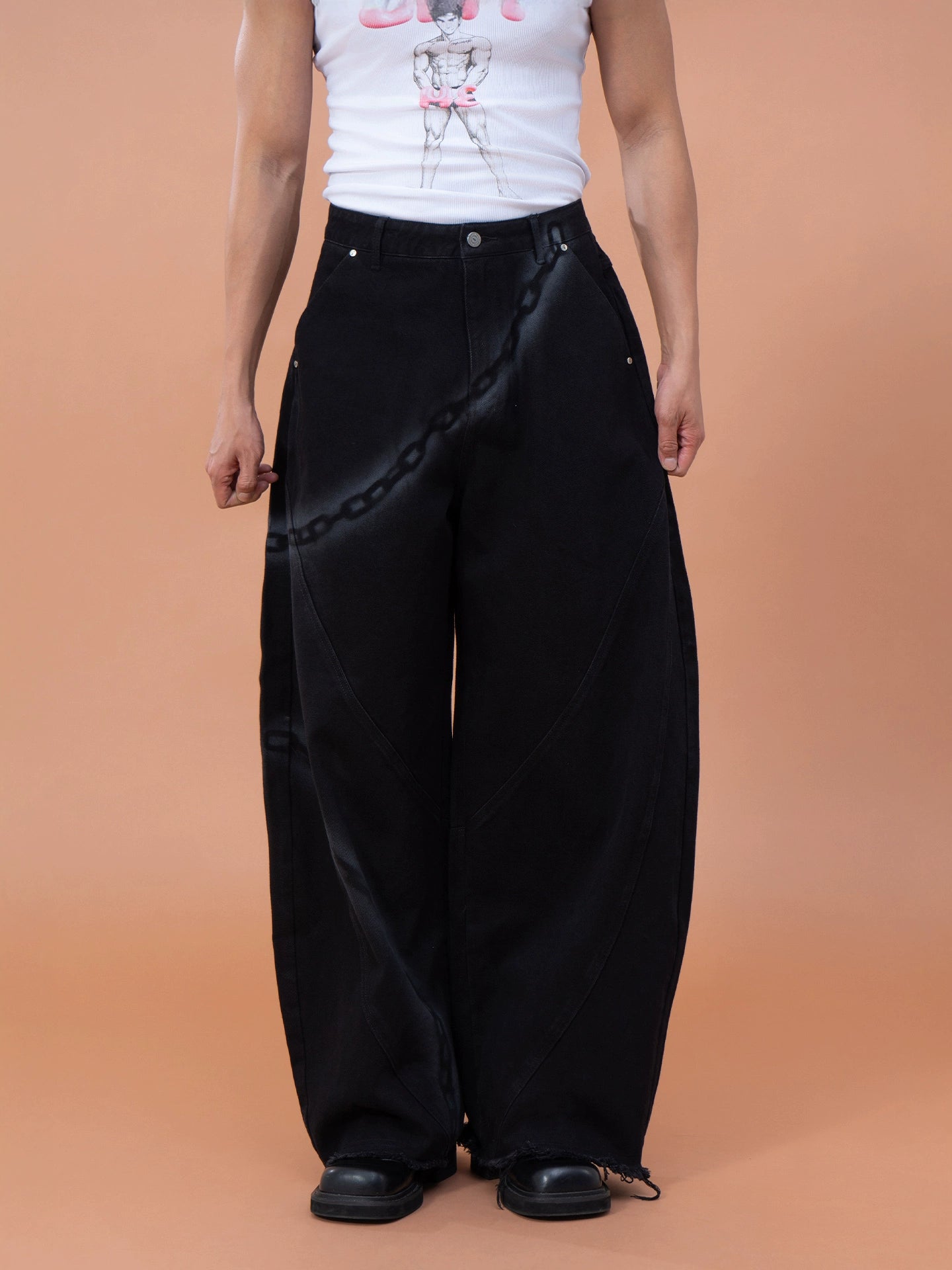 CLP Men's Black Chain Print Cargo Wide Leg Jeans-Black-S-Free Shipping Leatheretro