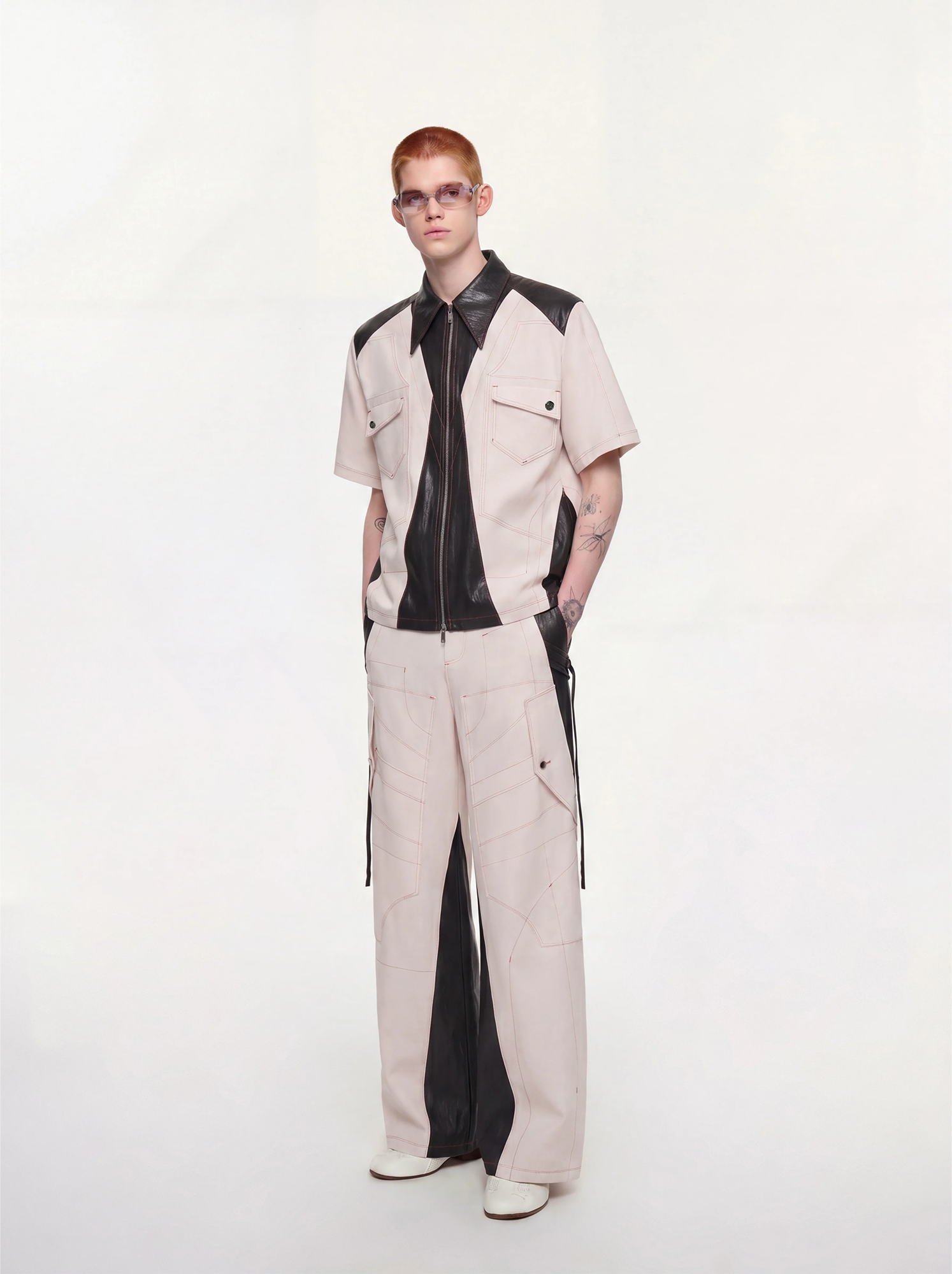 TIWILLTANG Contrast Stitch Paneled Wide-Leg Pants-Pants-S / 28-31”-Blue-Free Shipping Leatheretro