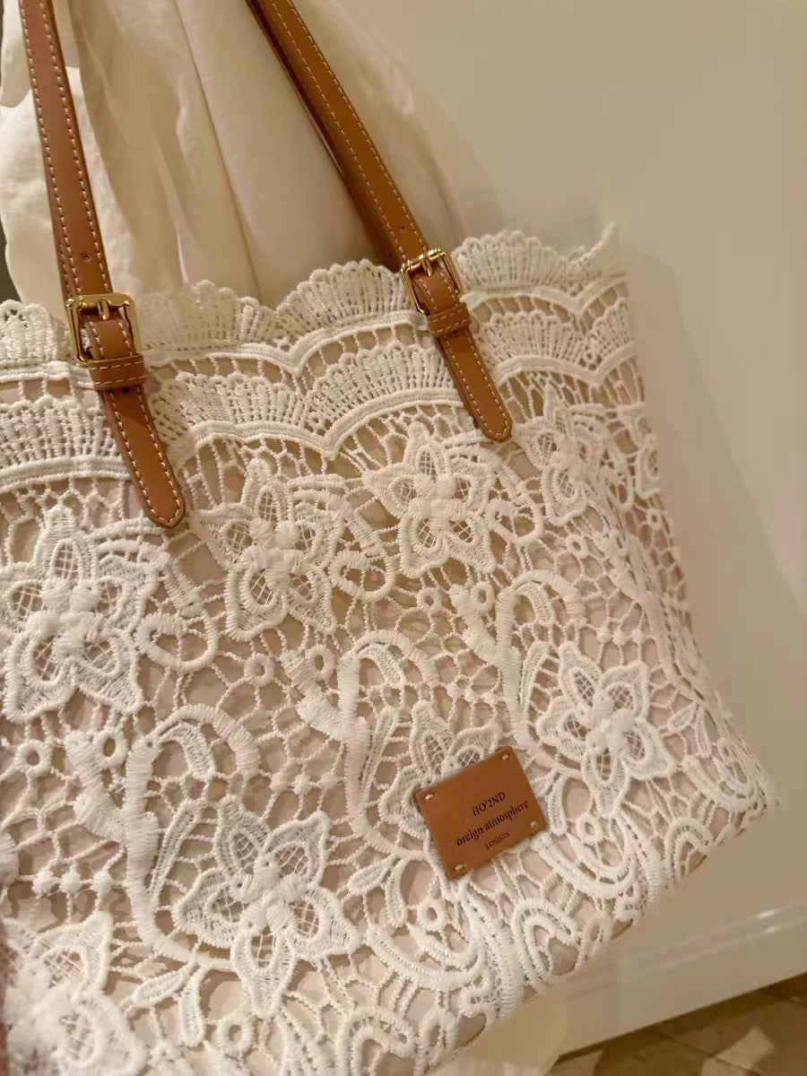 Women's Summer Beach Tote Bag – Large Capacity French Boho Lace Shoulder Bag-米白色-Free Shipping Leatheretro