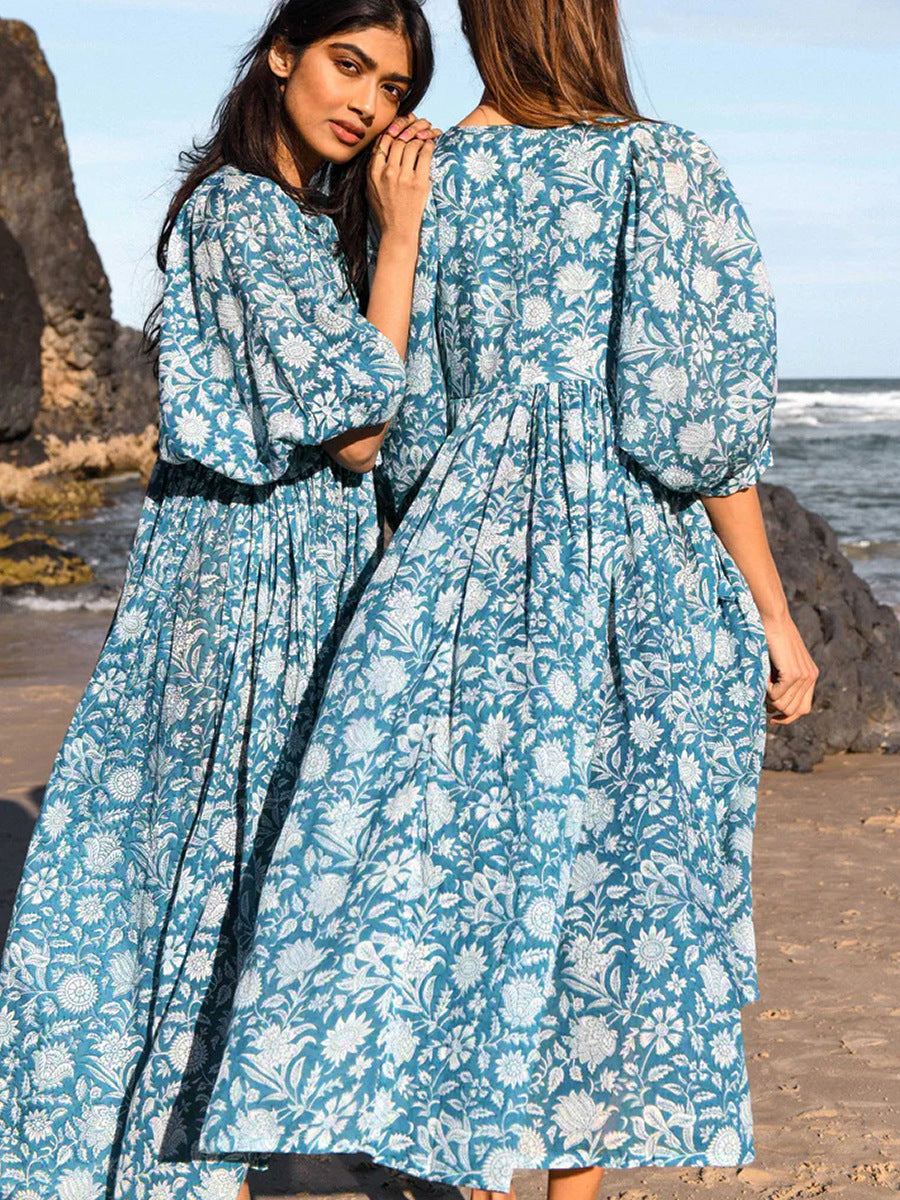 Casual Cotton Half Sleeves Long Dresses-Dresses-Sky Blue-S-Free Shipping Leatheretro