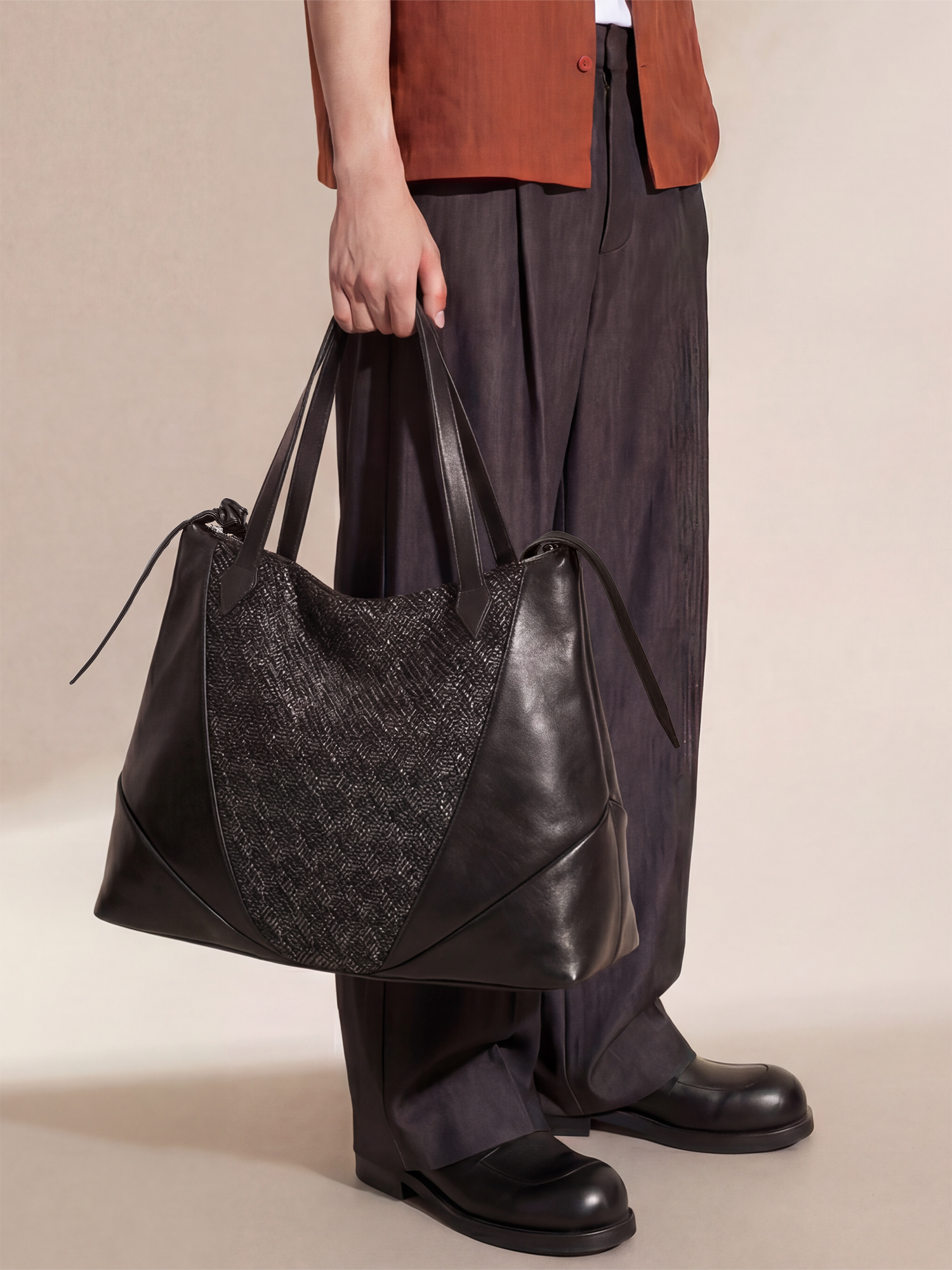 ALVNG AR ANTS Asymmetrical Ruched Woven Faux Leather Bag-Bag-Black-Free Shipping Leatheretro