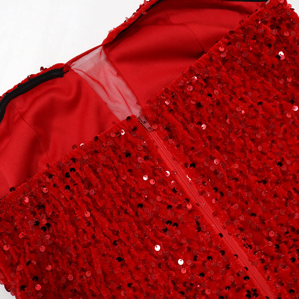 Sexy Strapless Sequined Evening Party Dresses-Dresses-Red-S-Free Shipping Leatheretro