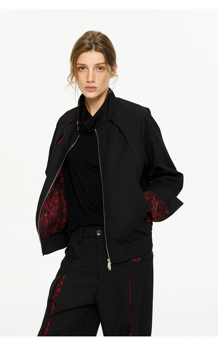 KREATE Harrington Collar Jacket with Segmented Oil Painting Lining-Top-Black-S-Free Shipping Leatheretro