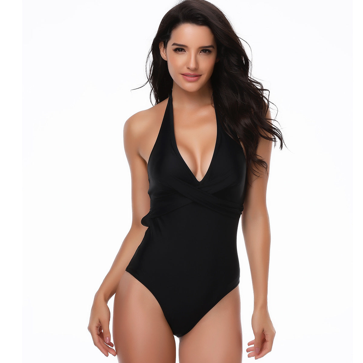 Sexy Halter Drawstring One Piece Women Swimsuit-Swimwear-Black-1-S-Free Shipping Leatheretro