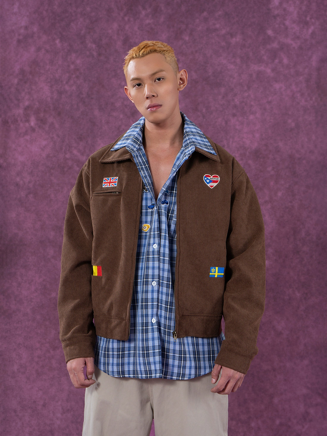 CLP Mens Corduroy Trucker Jacket | Vintage Heart Print Zip-Up-Red-M-Free Shipping Leatheretro