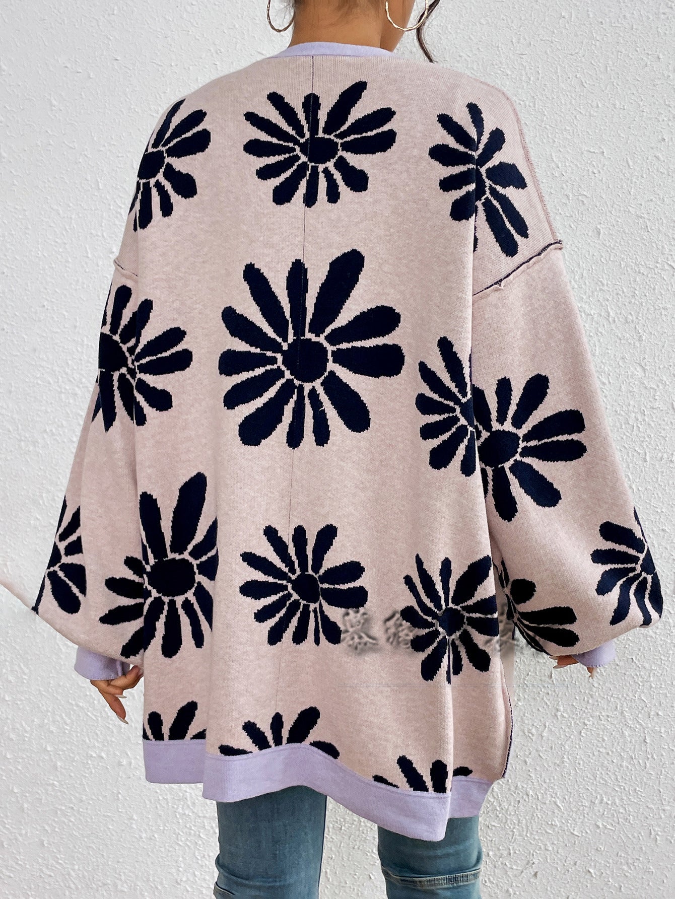 Casual Floral Print Knitted Cardigan Coats-Sweaters-Navy Blue-S-Free Shipping Leatheretro