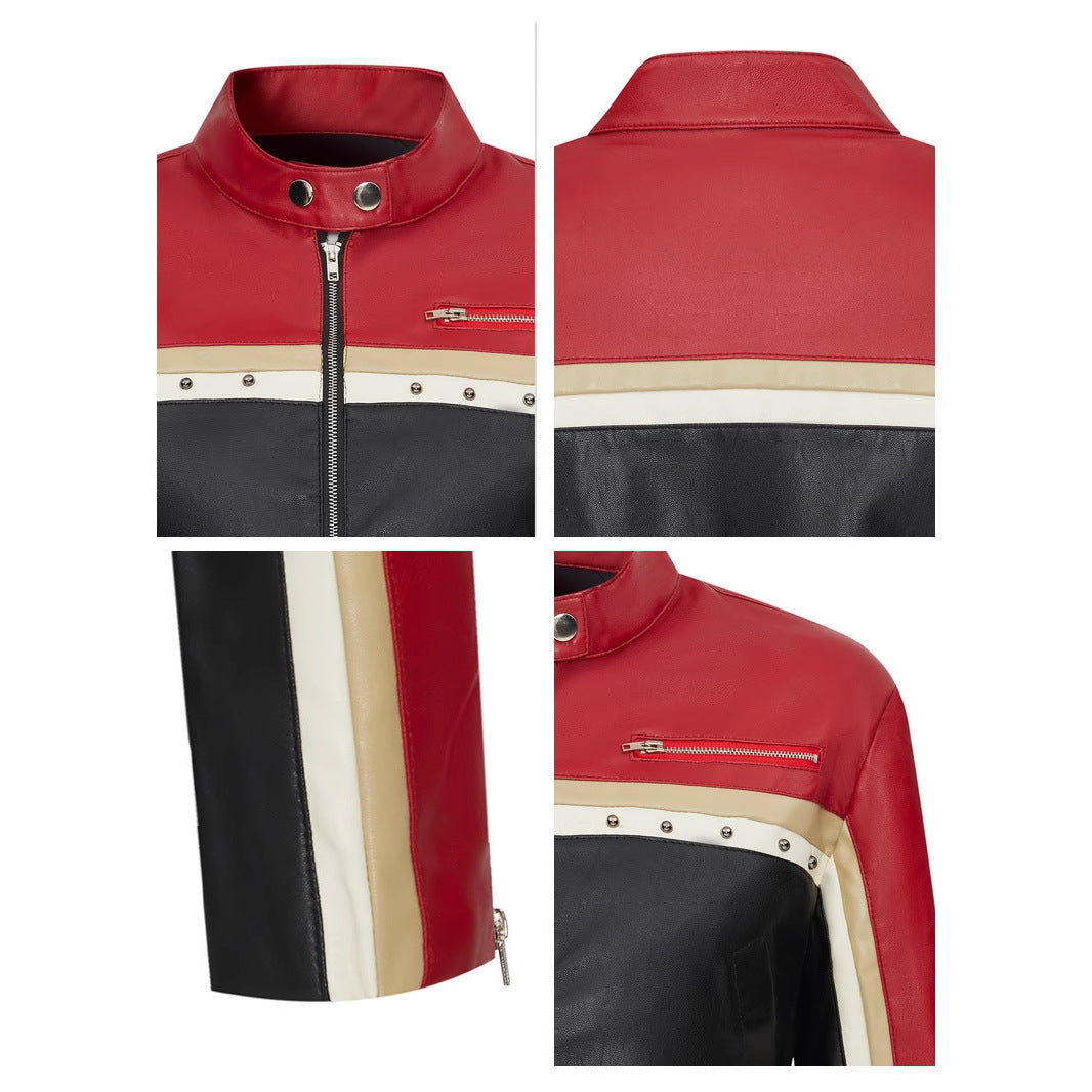 Edgy Cropped PU Leather Biker Jacket – Bold Color-Block Design-Coats & Jackets-Brick Red-S 50-55kg-Free Shipping Leatheretro